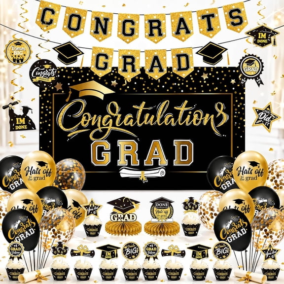 DECHISY Graduation Decorations 2026 Black and Gold Themed Set, Graduation Decorations Supplies Class of 2026 with Banner, Backdrop, Balloons, Hanging Swirl, Cupcake Toppers, Centerpieces