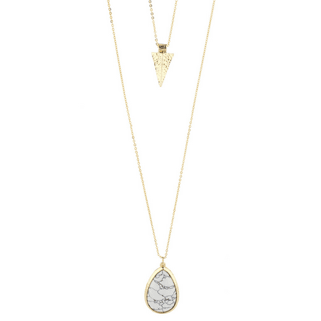 Brown Multi Stone Necklace - Lux Accessories Goldtone Multi Layer White Marble Stone Spear Pendant Necklace
