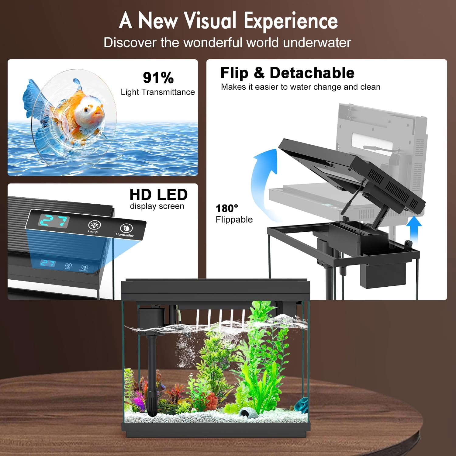 Rechale Smart Fish Tank, 2.4 gal UHD Clear Glass Aquarium with Smart Touch Control, 3-in-1 Silent Pump,7 Color Gradation RGB Lights, Multi-Layer Filtration System,Perfect for Home, Office, and Decor