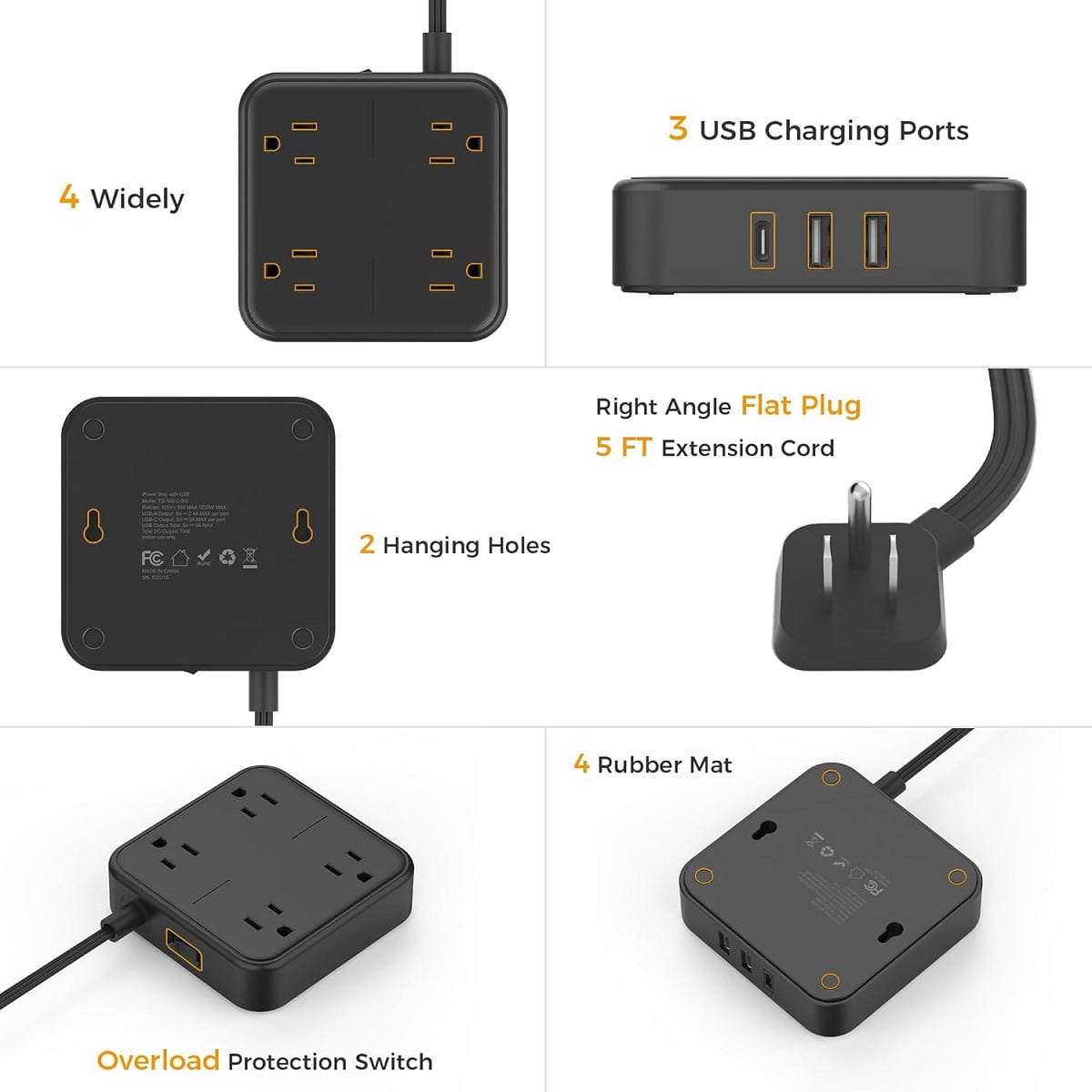 Flat Extension Cord 5Ft, Power Strip with 4 Outlets and 3 USB Ports (1 USB C), Ultra Slim Flat Plug Surge Protector, 900 Joules, Wall Outlet Extender, Black