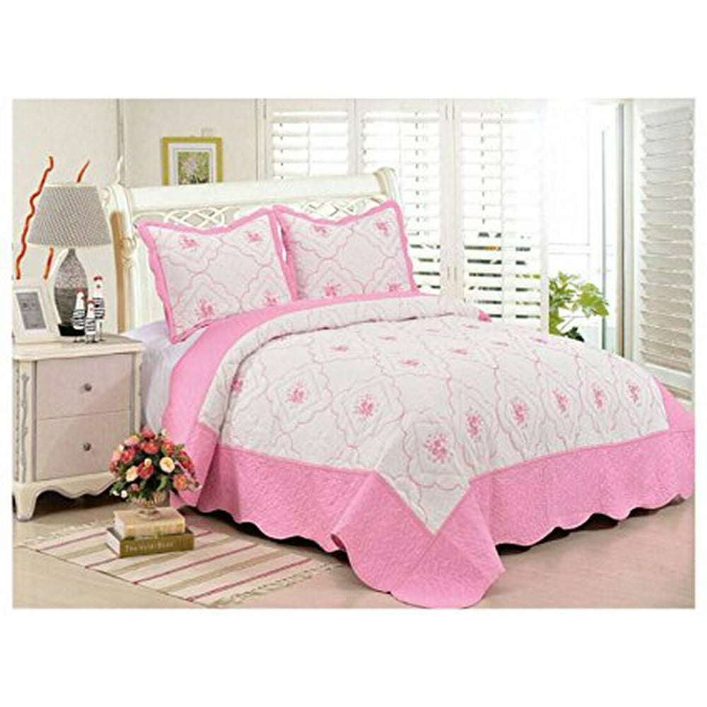 3 Pc Quilt Set Embroidered Hypoallergenic Bedspread Pink Queen 8809
