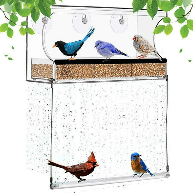 Xihbxyly Comedero para Pájaros de Ventana, Diseño de Acrílico Transparente, Techo Voladizo, Bandeja de Fácil Recarga, Ideal para Observar Aves Silvestres Al Aire Libre, Apto para Cualquier Clima, Sin