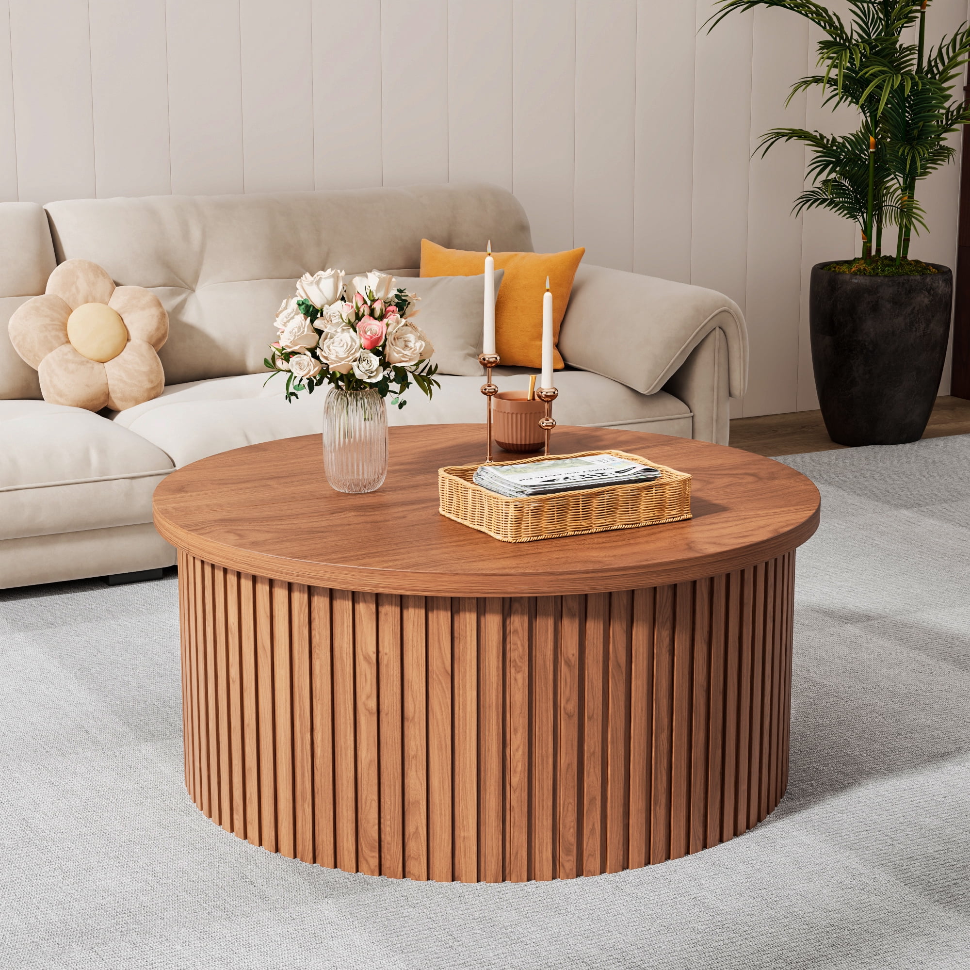 Round Lift Top Coffee Table with Storage Farmhouse Center Table with Hidden Compartment Circle Sofa Table for Living Room Walnut