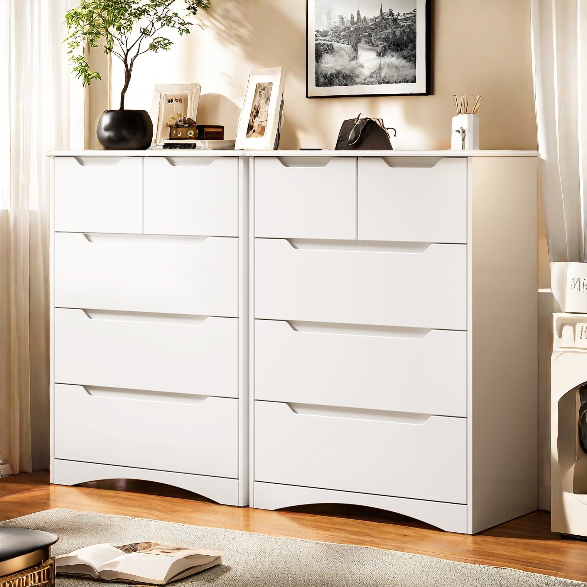 Dresser for Bedroom, Lofka Modern Wood Chest of Drawers with Cutout Handles, Deep Drawers, Smooth Metal Rail