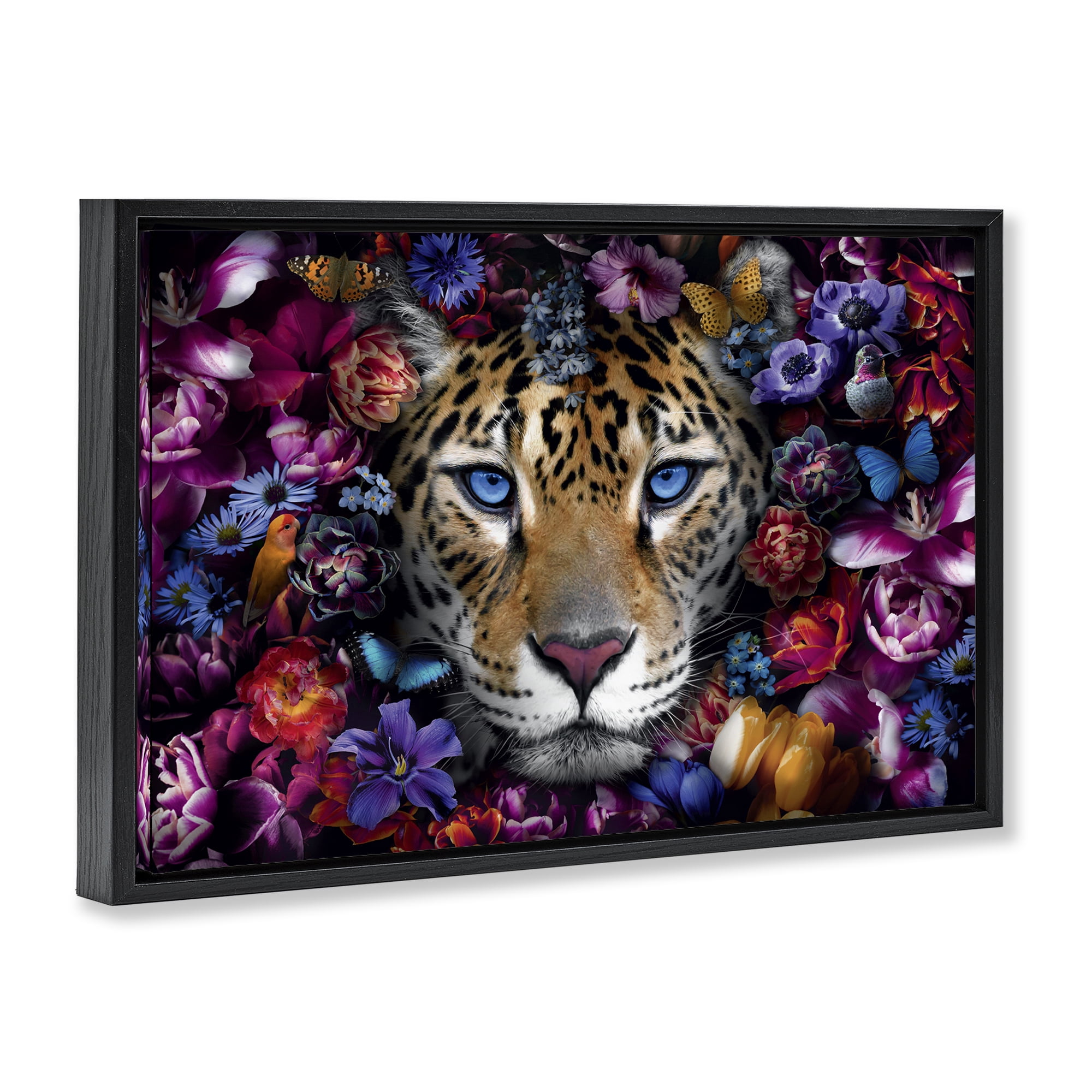 Stupell Industries Piercing Leopard Gaze Plants & Flowers Painting Black Floater Framed Canvas Art Print Wall Art, 31 x 21