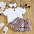 thumbnail image 3 of Newborn Girls Outfits  Short Sleeve Solid Color Ruffles Tops + Bowknot Plaid Short Pants + Decorative Hairband Sets, 3 of 6