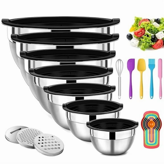 Zmleve 28-Piece Stainless Steel Mixing Bowls with Lids - Nesting Metal Mixing Bowls with Lids, Metal Nesting Salad Bowls, 4.5/3.5/3/2.5/1.5/1.2/0.7 Quart