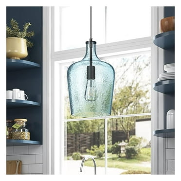 Modern Pendant Lights Fixture Kitchen Island 1-Light 11.8 inch Blue Glass Pendant Lighting Farmhouse Shape Hanging Light for Dining Room Sink Restaurant E26