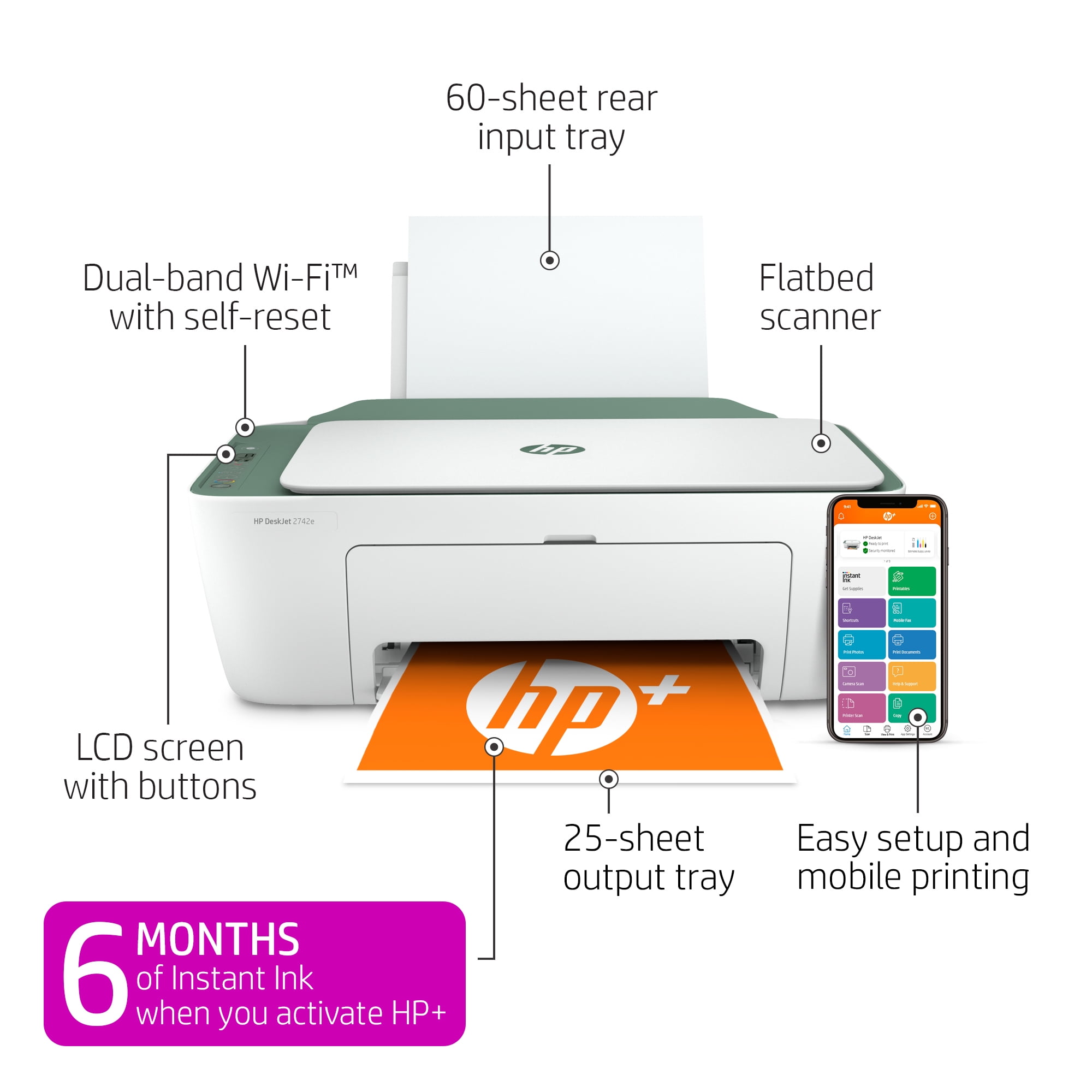 HP DeskJet 2742e Wireless Color All-in-One Inkjet Printer (Green Matcha) with 6 months Instant Ink Included with HP+ - 2