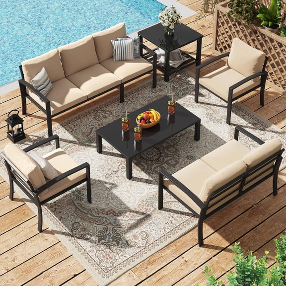 AECOJOY 7-Seat Aluminum Patio Set with Coffee & Side Table, Outdoor Sofa Set with Deep Cushions, Beige