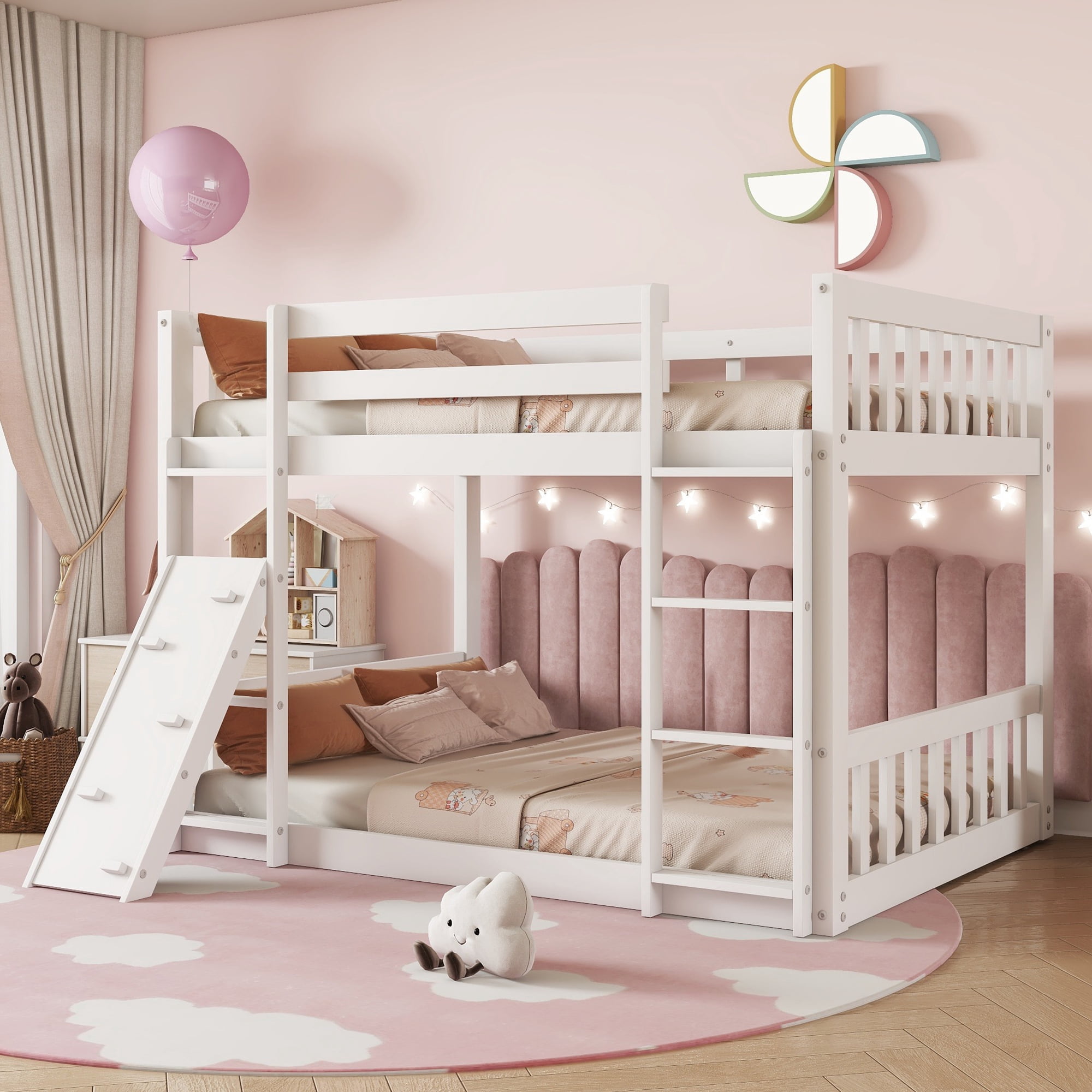 Leumius Twin Over Twin Floor Bunk Bed, Playhouse Floor Bunk Bed with Climbing Ramp, Ladder, Safety Guardrails for Boys Girls White