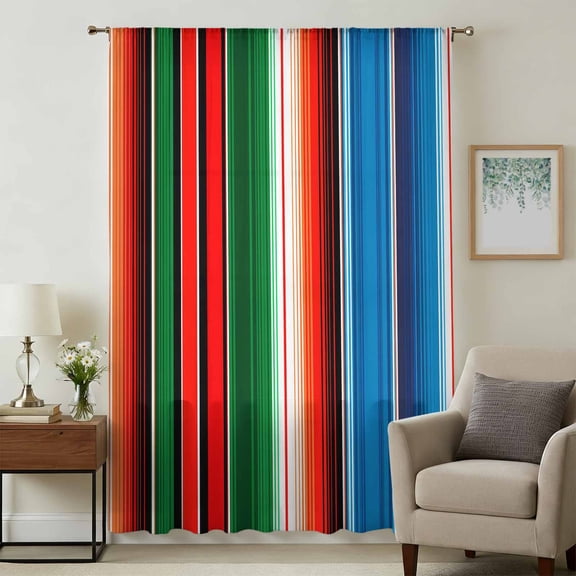 Mexican Serape Sheer Curtains 45 Inches Long, Colorful Stripes Vertical Lines Abstract Light Filering Curtains, Breathable Simi Curtain Privacy Drapes for Kitchen Bathroom Small Window Treatment