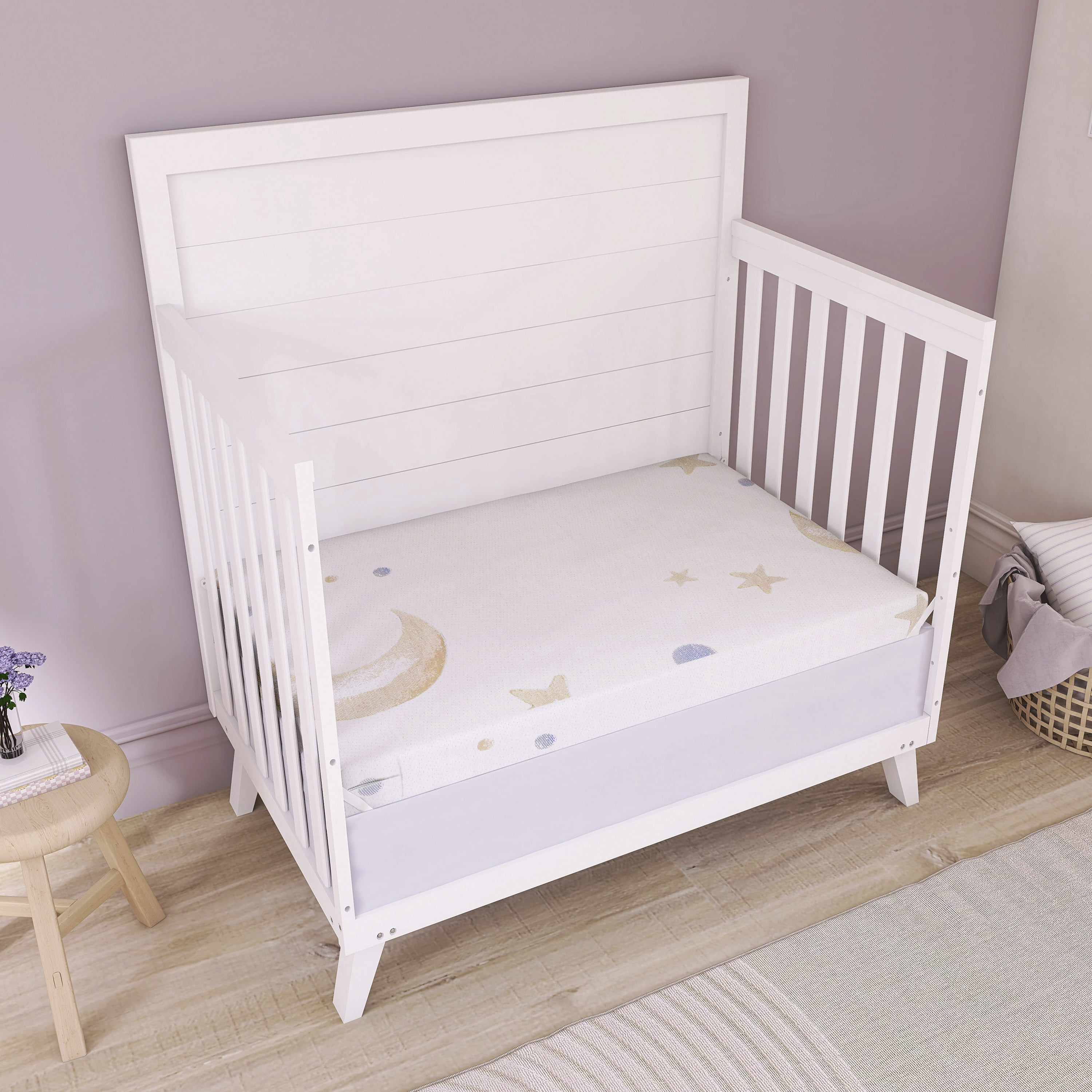 Dream On Me Moonlight Bright Mini/Portable Crib Mattress in White/Blue (Stars, moon, planets)