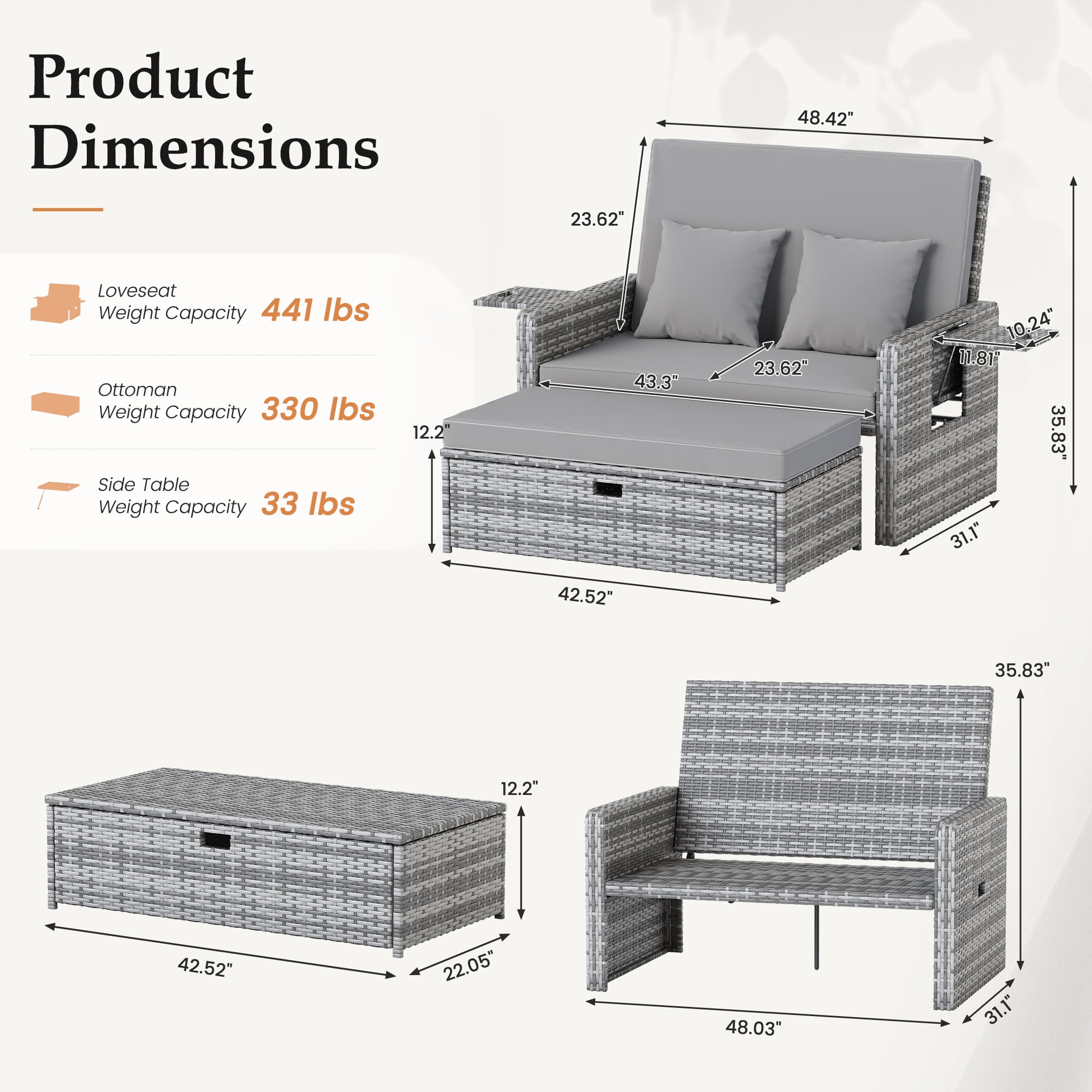 POTEBAN Wicker Outdoor Daybed-Outdoor Loveseat with Storage Ottoman, 4-Level Adjustable Backrest & Cushions for Balcony, Garden, Poolside (Gray)