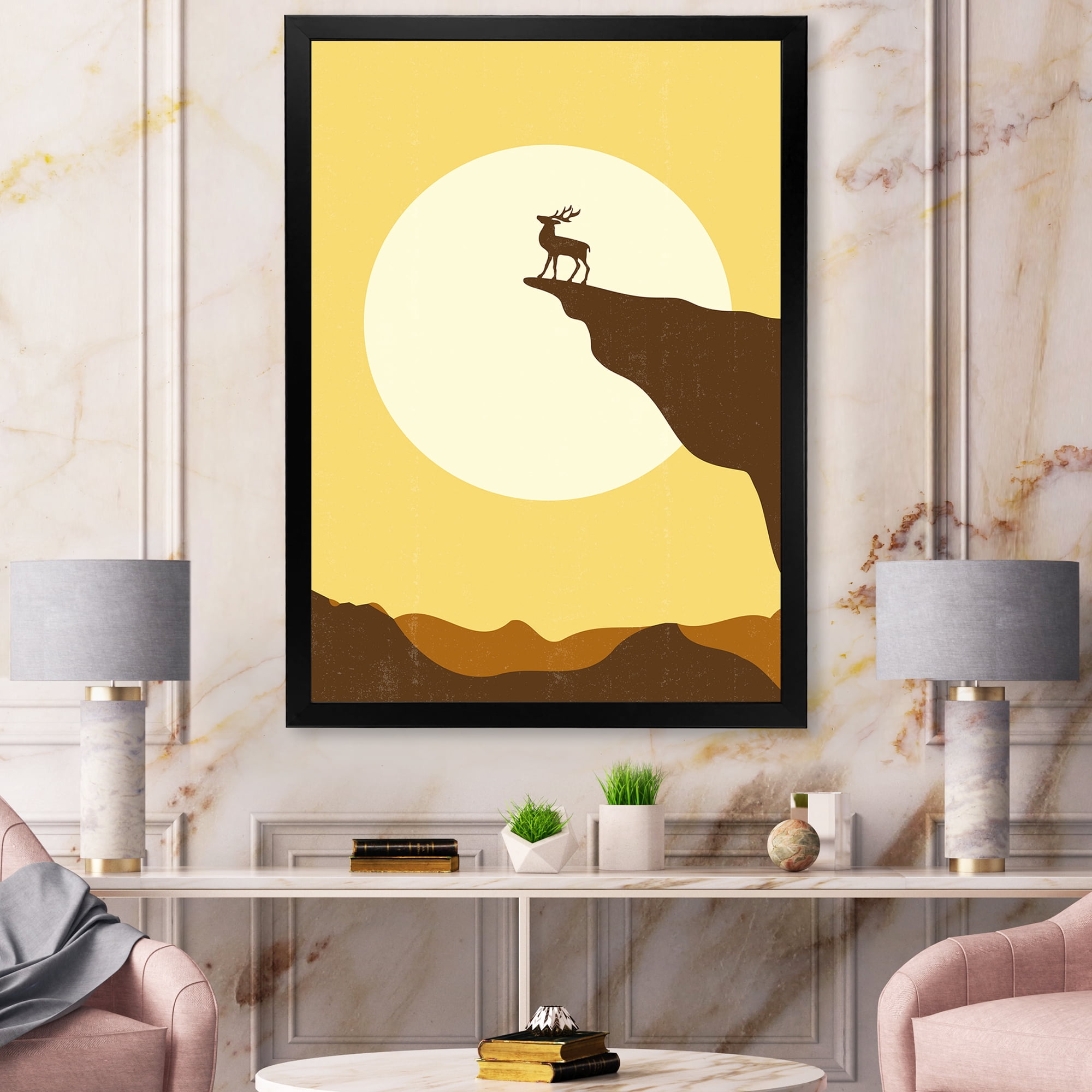 Designart 'Minimalistic Deer At Sunset On Mountain Top' Lake House Framed Art Print