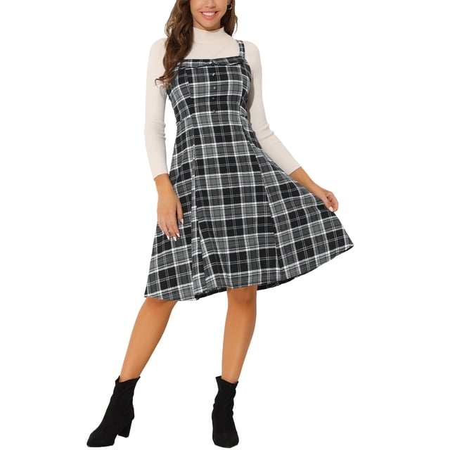 INSPIRE CHIC Robe à Bretelles pour Femmes Rétro à Carreaux Col Carré Robe Midi Ligne A S Noir