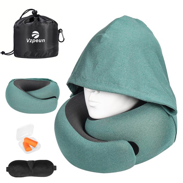 Almohada de viaje Vzpeun con capucha y espuma viscoelástica, con antifaz