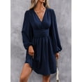 thumbnail image 6 of Women's Fall A-Line Midi Dress V-Neck Long Lantern Sleeve Elastic Waist Ruffle Flowy Swing Spring Dresses, 6 of 7
