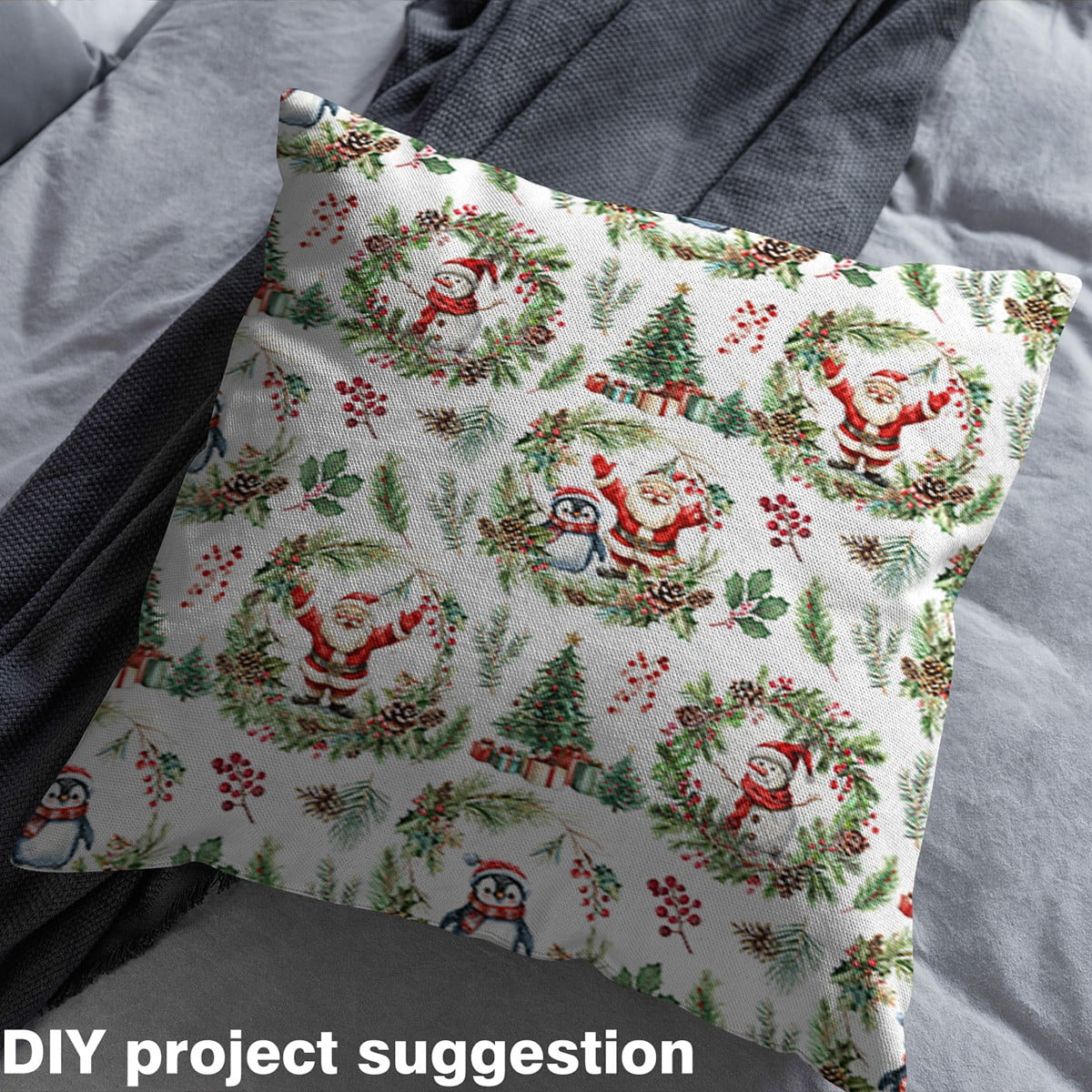 Feelyou Kawaii Santa Claus Fabric by the Yard 3 Yards for Kid, Winter Christmas Deer Sewing Fabric, Xmas Poinsettia Floral Home Decor Fabric by the Yard, Super Cozy Room Decor