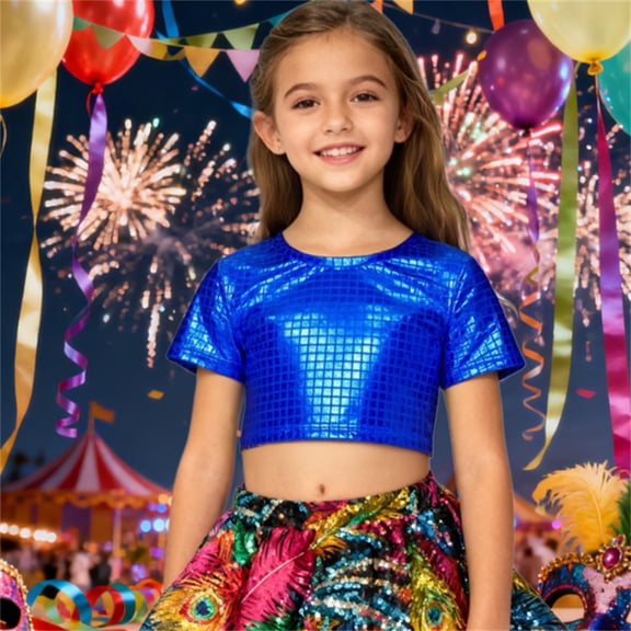 OOOUM Girls Shiny Sequin Crop Top Kids Sparkly Short Sleeve Dance Top Glitter Disco Performance T Shirt For Kids Blue 5-6 Years
