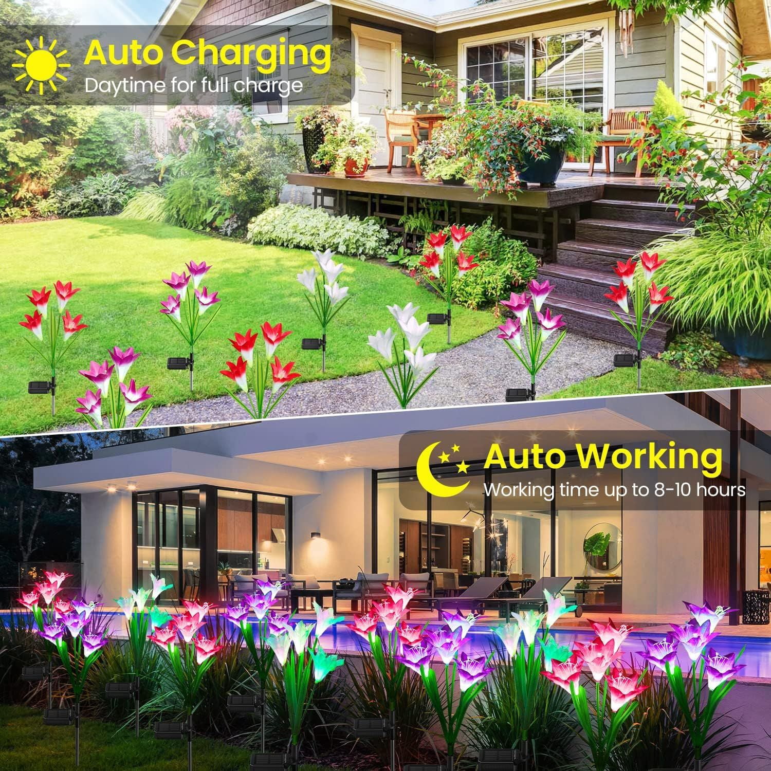 Outdoor Solar Lights, 4 Pack Solar Garden Light with Bigger Lily Flowers, Waterproof 7 Color Changing Solar Lights Outdoor - Bigger Panel for Patio Yard Garden Decoration, Gift for Mom