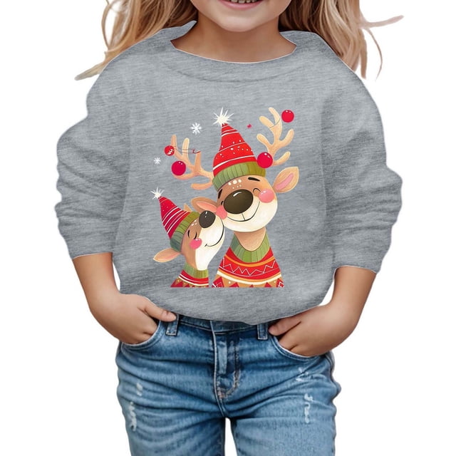 FYEGRE Chandail en Molleton de Noël Classique Imprimé Festif Filles Manches Longues Col Rond Chandail en Molleton Confortable pour les Fêtes Gris 4-5 Ans