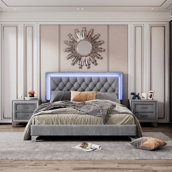 Queen Size Bedroom Furnishings With Upholstered Led Platform Bed And Two Nightstands - Gray 3 Bed, Lights &