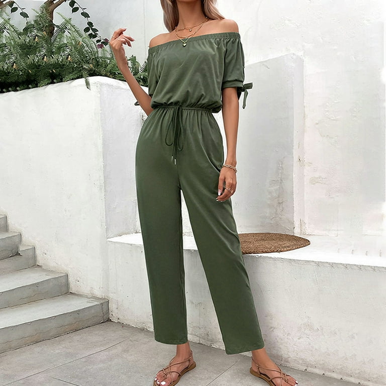 Mrat Linen Pants for Women off Shoulder Short Sleeve Tie Front Wide Leg Jumpsuit Strapless Romper Long Pants Cropped High Waist Trousers Army Green M Walmart