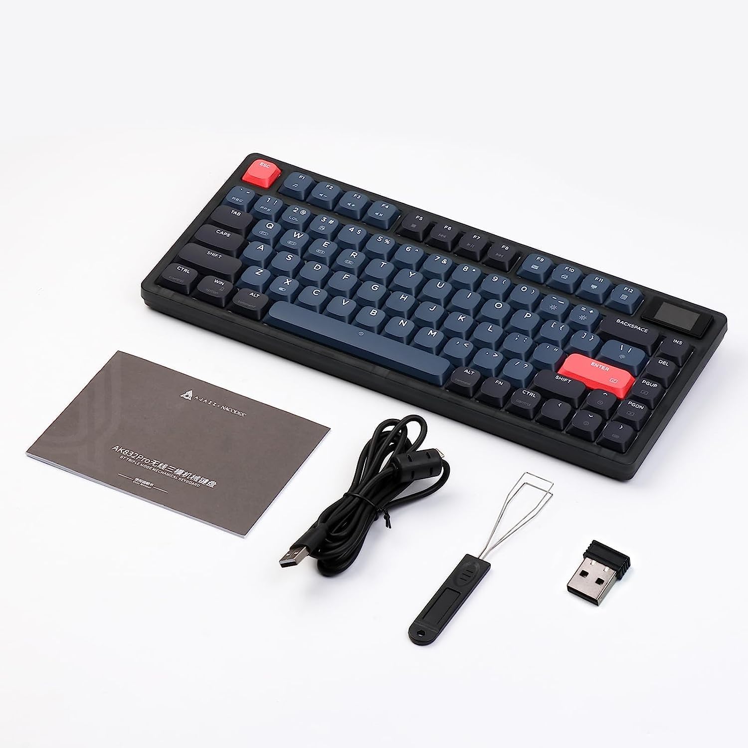 AJAZZ Low Profile Mechanical Keyboard 75%,BT5.0/2.4G/Cable,PBT,White Backlit-Blue Switch