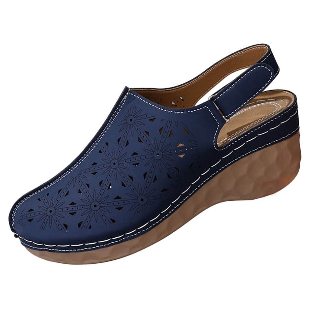 WLOELOEW Navy Platform Sandals For Women Hollow Out Design Adjustable Strap Pu Material Foot Length 9.06 Inches Us Size 5.5
