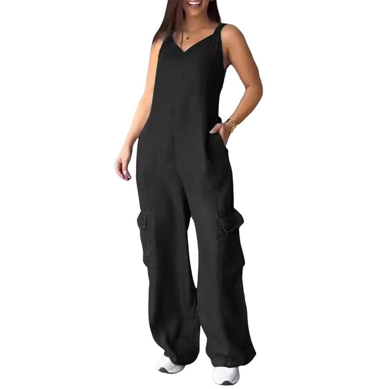 Daily Simplicity Solid Pocket U Neck Regular Jumpsuits Daily Simplicity Solid Pocket U Neck Regular Jumpsuits