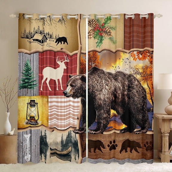 Feelyou Rustic Farmhouse Bear Black Out Curtains, Retro Patchwork Buffalo Curtains Pack of 2 (42x63 Each), Western Lake house Bedroom Curtains, Curtains and Drapes Decor