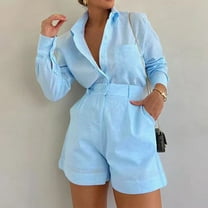 Riforla Women's Vacation Fashion Casual Suit Solid Color Summer Shorts and Shirt Top Two Piece Sets Lapel Shirt Sexy Suits Short sets Blue XXL