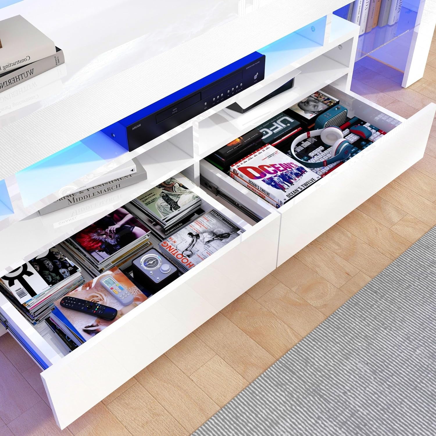 ChVans LED TV Stand for 65/75/85 inch TV, High Glossy Modern Entertainment Center with Drawer and LED Lights(White)