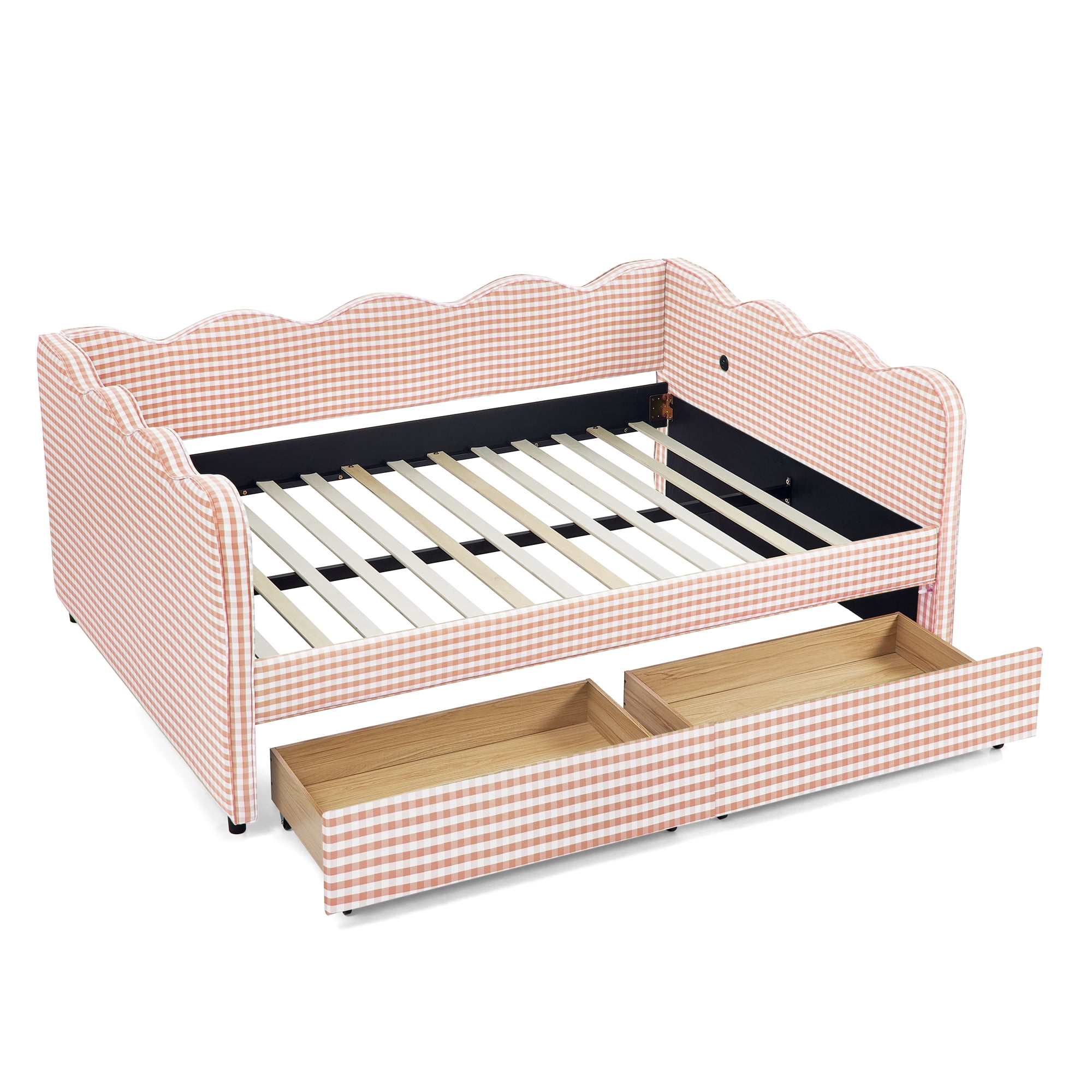 Full Size Daybed with Storage Drawers and USB Port, Upholstered Linen Sofa Bed Frame with Wave Design, Kids Guest Bed for Bedroom Living Room, Pink