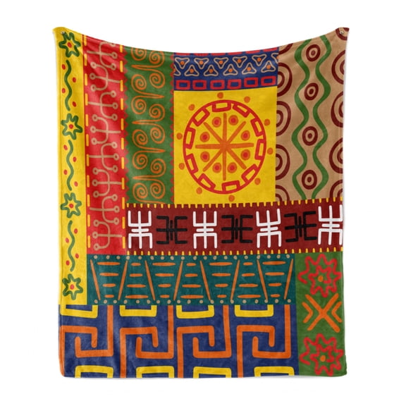 Prehistoric Soft Flannel Fleece Throw Blanket, Abstract Patterns Ornaments Indigenous Style Illustration, Cozy Plush for Indoor and Outdoor Use, 50" x 60", Yellow Green, by Ambesonne