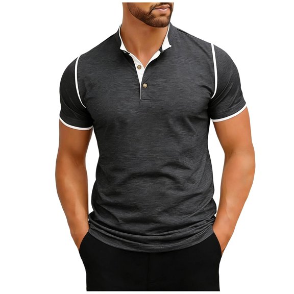 Mens Henley Short Sleeve T-Shirts Casual Band Collar V Neckr Regular Fit Muscle Shirt Summer Fashion Contrast Trim Lightweight Breathable Workout Athletic Tops for Outdoor Sports