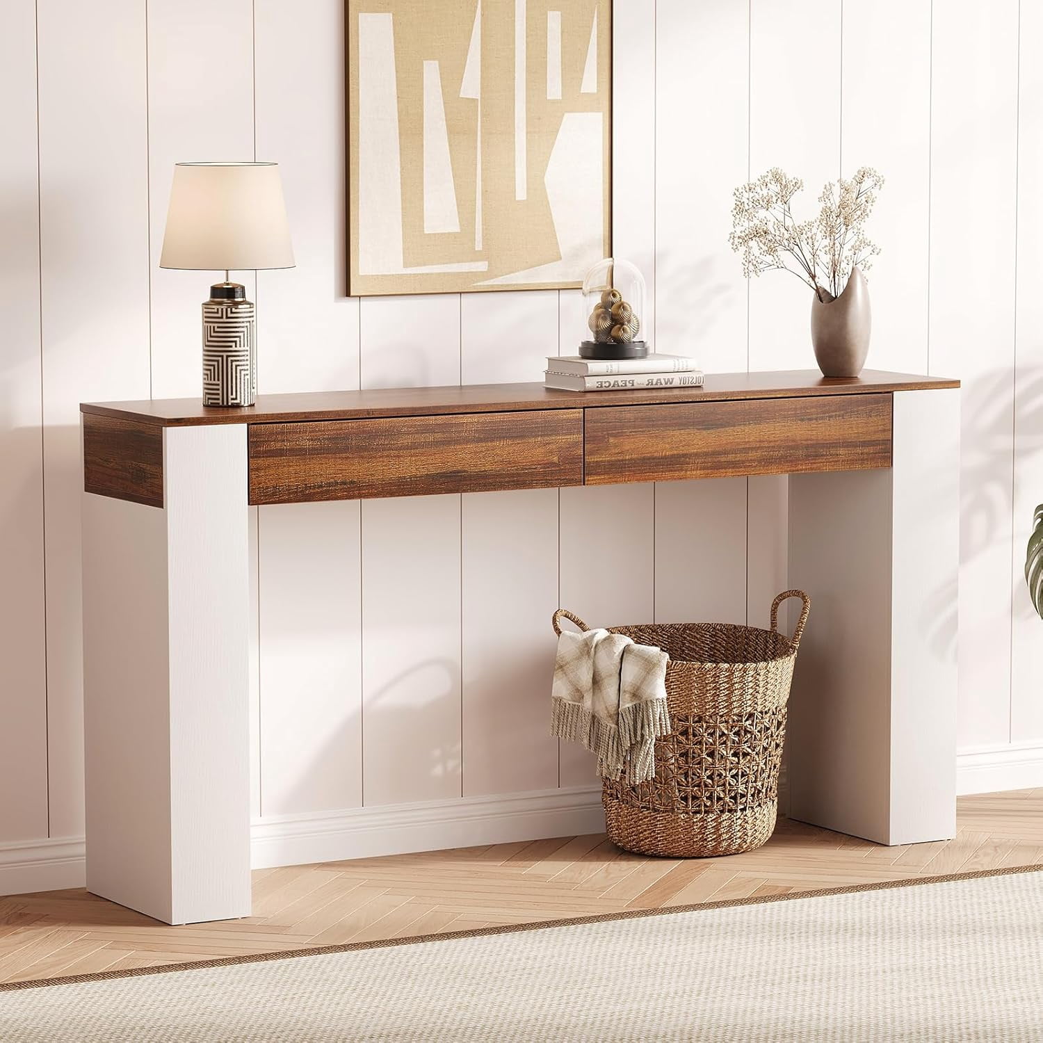 63 Inch Wood Entryway Table - 2 Drawers Slim Console Table Hallway Living Room Brown White