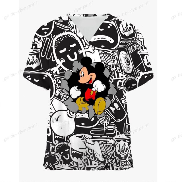 Disney Mickey Mouse cartoon print spa uniform beauty salon pet shop uniform fashion slim top scrub women's lab coat4XL Gao Jinjia LED