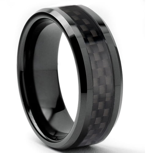 Security Jewelers Tungsten 8mm Beveled Band with Black Carbon Fiber Center Size 9 Ring Size 9