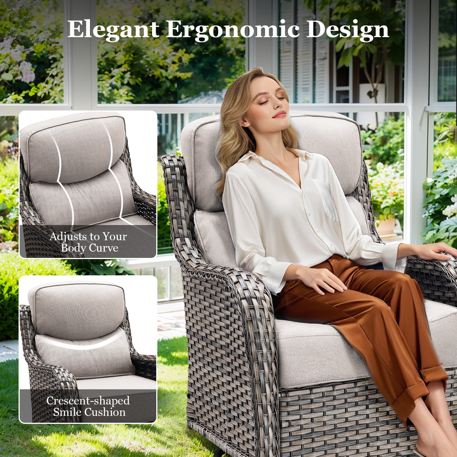 Planntonneo 3-Piece Patio Furniture Set - Wicker Swivel Glider Chairs with 6-Inch High-Resilience Cushions and Side Table, Grey/Beige