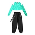 thumbnail image 3 of YiZYiF Girls Teens 2Pcs Hip Hop Jazz Dance Team Uniform Long Sleeve Off Shoulder Crop Top with Baggy Chain Pocket Pants Lake Green 8, 3 of 7