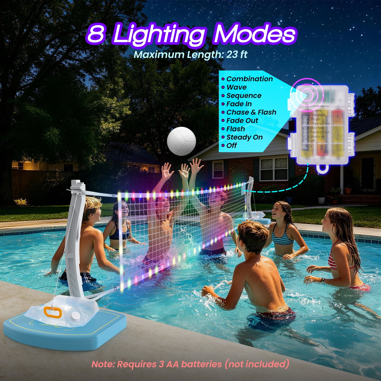 COLIKES 2-in-1 Pool Basketball Hoop Poolside and LED Volleyball Net Combo, Light up Adjustable Volleyball Net, Stainless Basketball Goal, Inground Swimming Water Sports Toy Games for Adults & Teens