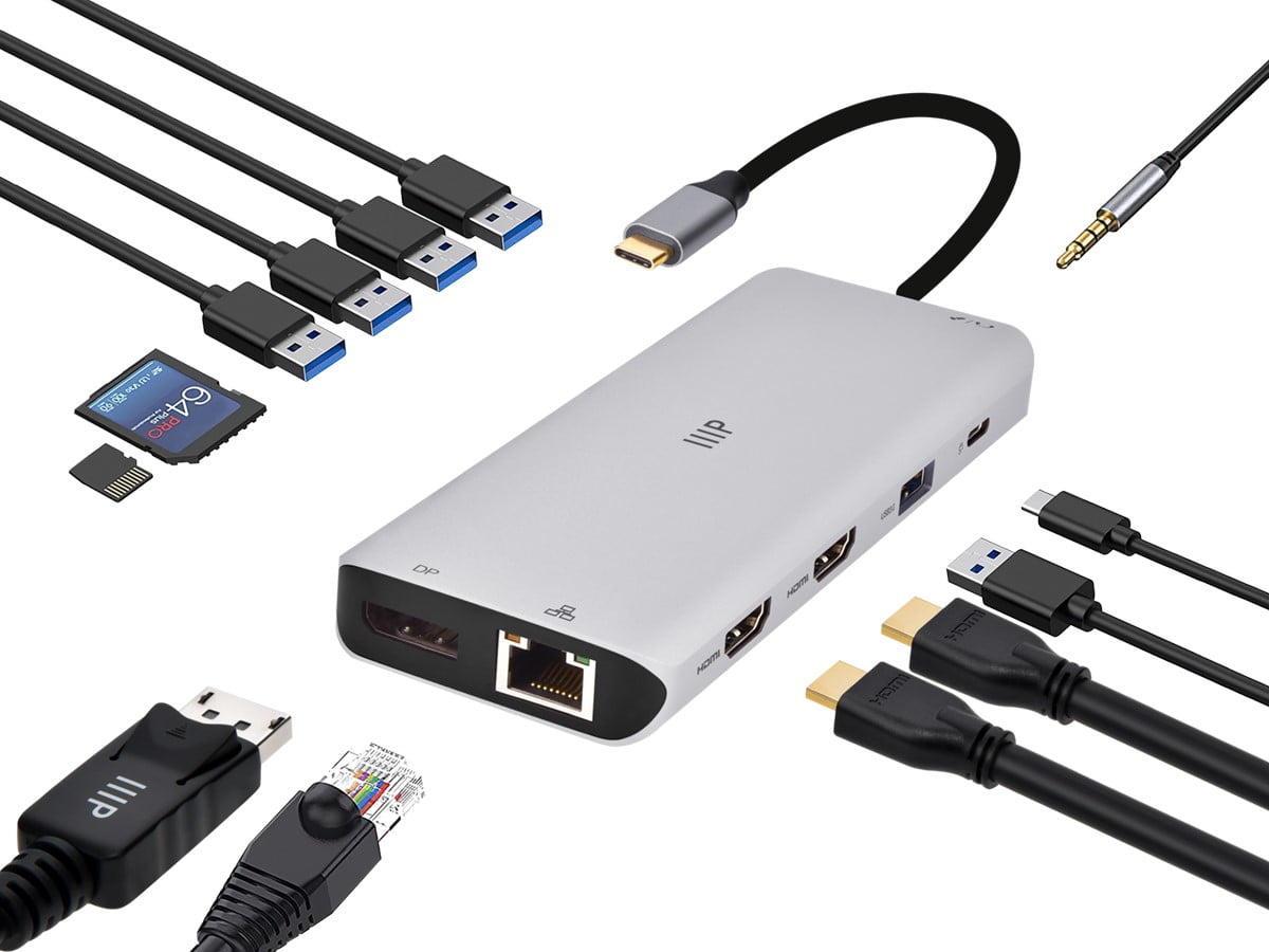 Monoprice 13-in-1 Dual-HDMI + DisplayPort Multi-Stream Transport (MST) Triple Monitor Docking Station, 4K HDMI, 4K DisplayPort, 5Gbps USB A, Gigabit Ethernet, SD/MicroSD Readers, 100W PD, 3.5mm Dual