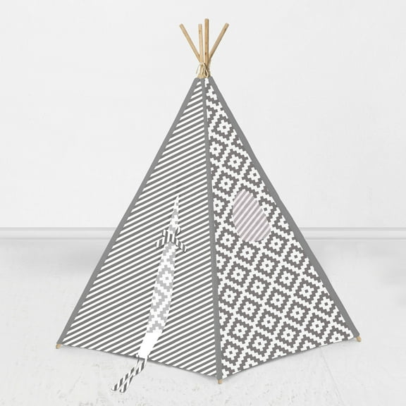 Bacati - Aztec Love Teepee Tent for Kids/Toddlers, 100% Cotton Breathable Percale Fabric Cover, Grey