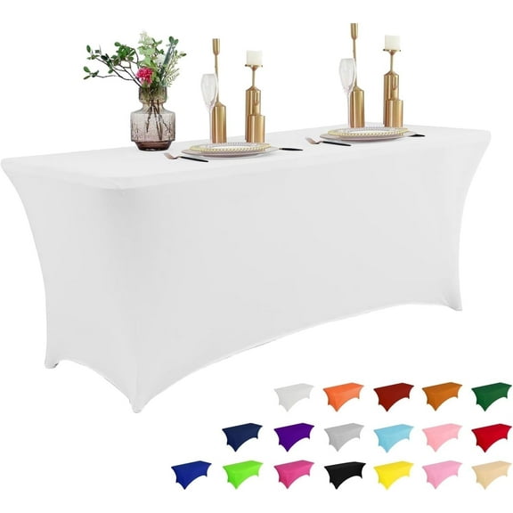 Parojati 1 Pack 6FT Table Cloth for Rectangular Fitted Events Stretch Pink Table Covers Washable Spandex Tablecloth Protector for Party, Wedding, Cocktail, Banquet, Festival White