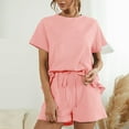 thumbnail image 6 of Women's 2 Pieces Outfits Solid Short Sleeve Ruffle Hem Tops and Elastic Waist Drawstring Shorts PJs Lounge Suits, 6 of 7