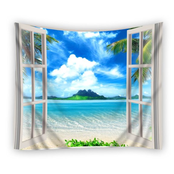 POPCreation Open Window Beach Beautiful Tropical Landscape Summer Holiday Tapestry Polyester Fabric Tapestries Wall Art Hanging 51x60 Inches