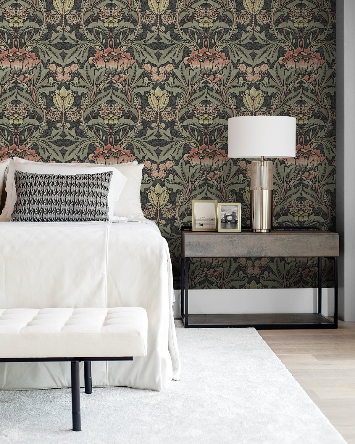 NextWall Charcoal & Rosewood Acanthus Floral Peel and Stick Wallpaper