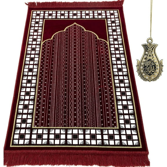 Modefa Turkish Islamic Thin Velvet Prayer Rug Carpet Janamaz Sajjadah with Free Car Hanger - Vined Arch Red